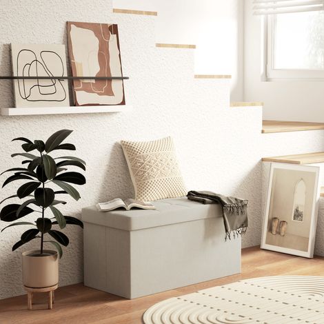 Pouf contenitore, panca contenitore pieghevole 84 L 76x38x38 cm rivestita in lino sintetico color crema.