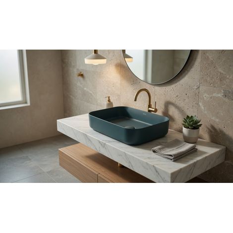 Lavabo rettangolare da appoggio senza troppo pieno in ceramica senza foro rubinetto - Verde Petrolio Opaco