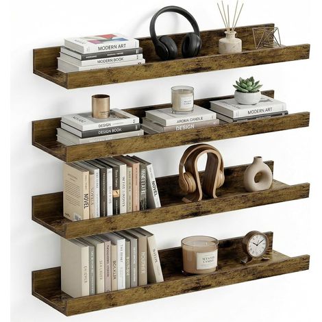 Étagère Murale 4 Pièces Vintage Marron 60 cm – Lot de 4 Grandes Tablettes Flottantes Aspect Bois pour Aménagement Flexible – pour Salon, Cuisine, Bureau (1/5)