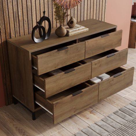 Meuble de rangement haut commode avec six grands tiroirs, dimensions L120 P40 H76, finition imitation chêne foncé, idéal pour chambre, salon, entrée et toutes pièces, référence 834445AAD