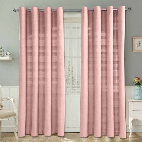 HOMESCAPES Cotton Rajput Ribbed Pink Curtain Pair, 66 x 90" Drop