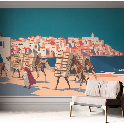 Papier peint autocollant avec imprimé décoratif pour salon et chambre à coucher Installation facile Caravane de chameaux 312x219 cm (1/5)