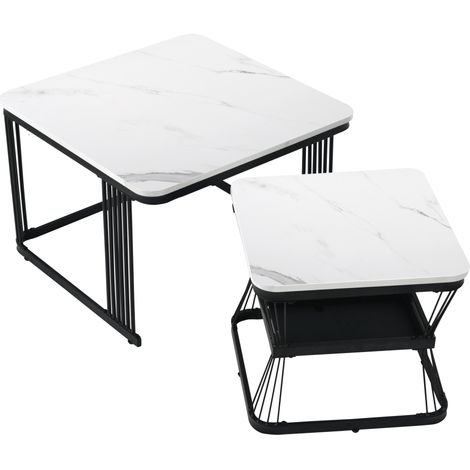Set aus 2 modernen weißen Marmortischen aus MDF mit schwarzem Stahlgestell (1/5)