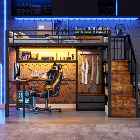 Lit mezzanine 90x200 cm avec LED, 2 tiroirs, bureau, échelle de rangement, grille pour suspendre des objets, structure métal, noir