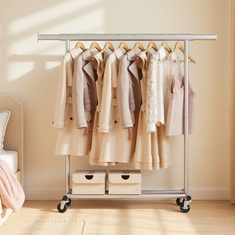 Portant à Vêtements avec Roulettes, Tringle Extensible, Capacité de Charge 100 kg, 45 x (92-132) x 161,5 cm, Montage Facile, Gris (1/5)