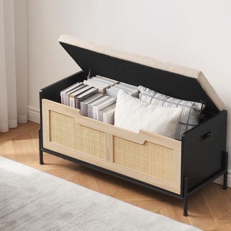 Banquette de rangement en rotin bois et fer longueur 100cm finition noir (1/5)