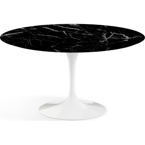 Table tulipe ronde 130 cm marbre noir pied blanc brillant (1/5)