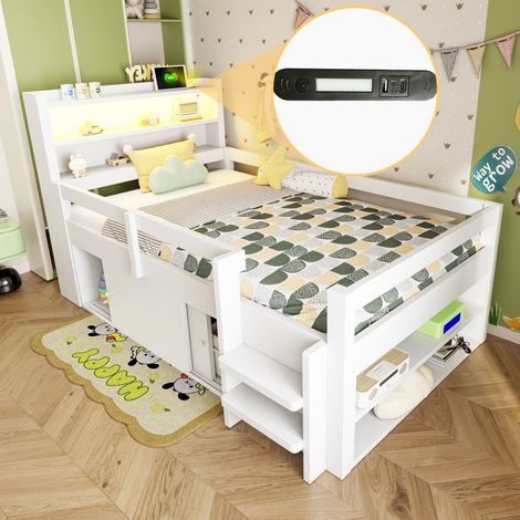 Cama semialta 90x200 cm - Con almacenajes, LED, USB y barandilla de seguridad - En madera - Blanco (1/5)