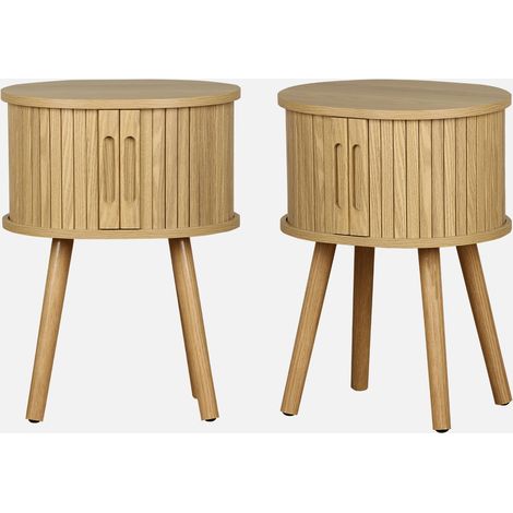 Mesita de noche ovalada escandinava con decoración madera ranurada, set de 2
