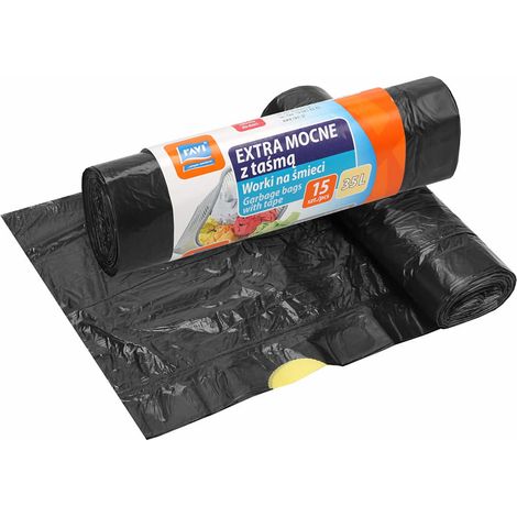 Bolsas de basura extra resistentes con cinta adhesiva, 35 L, 15 unidades.