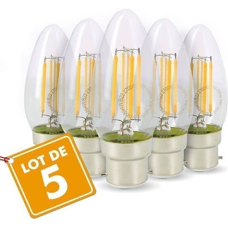 Lot de 5 Ampoules LED Flamme Filament 4w eq. 40W Culot B22 blanc chaud 2700K (1/3)