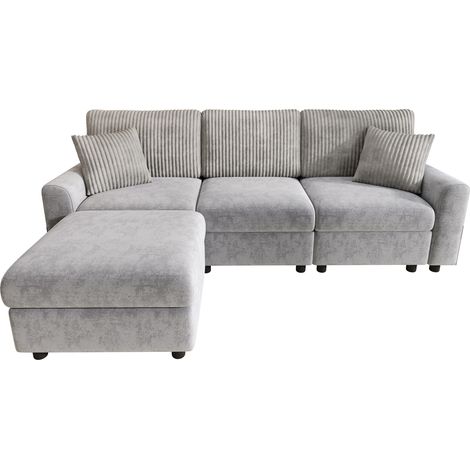 Canapé Moderne Gris avec Pouf, 2 Coussins, Ports USB et Type-C, Canapé en Velours Côtelé et Chenille pour Salon (1/5)