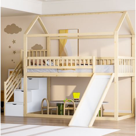 CHICFURN Cama alta infantil 90x200 cm de madera con tobogán y escalera con almacenaje (1/5)