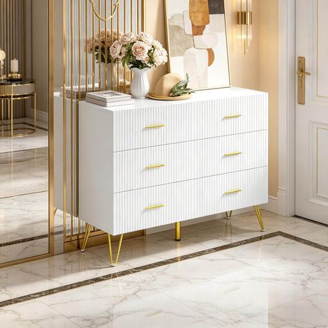 Kommode 100x40x75 cm Weiß-Gold aus Spanplatte und Metall mit 6 Schubladen, elegant und vielseitig (1/5)