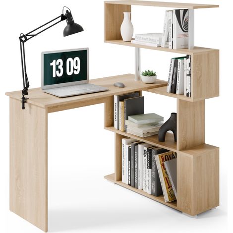Bureau d'angle rotatif 360° avec bibliothèque Intégrée, bureau d'ordinateur modulable design minimaliste, 106-157x45x75 cm Chêne Coupé, Mondeer