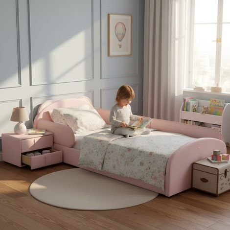 Lit enfant rose 90x200 cm en velours et contreplaqué, sommier rembourré avec tête de lit ourson mignon, table de nuit assortie incluse, bordures en mousse anti-choc douce