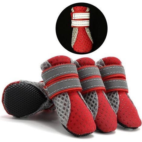 SABIR Verstellbare, reflektierende, rutschfeste Sommerstiefel für kleine Hunde, Hunde- und Katzenpantoffeln, weiche, atmungsaktive Pfotenschutzschuhe aus Mesh, Rot, XL (1/5)