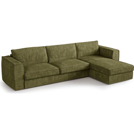 Canapé d'angle droit convertible 5 places en tissu tramé toucher doux vert vintage MIKA (1/5)