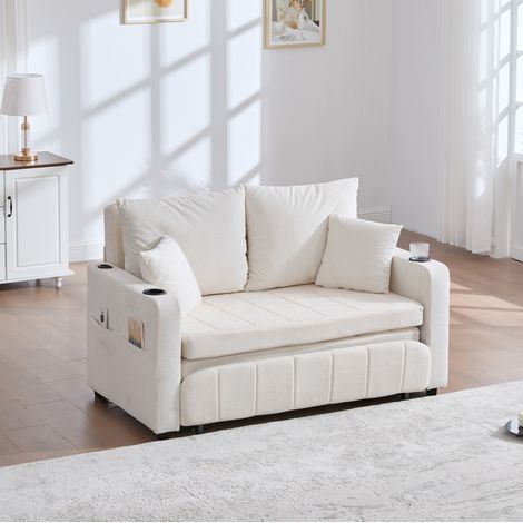 Divano letto multifunzione in ciniglia beige, convertibile, con tasche, portabicchieri, USB, REDOM (1/5)