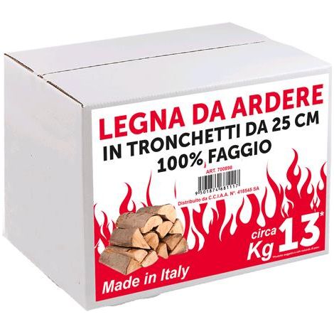 Legna di Faggio da ardere in sacchi da 10 kg per riscaldamento stufe e caminetti, tronchetti 25 cm -1 Cartone da 13 kg (1/5)