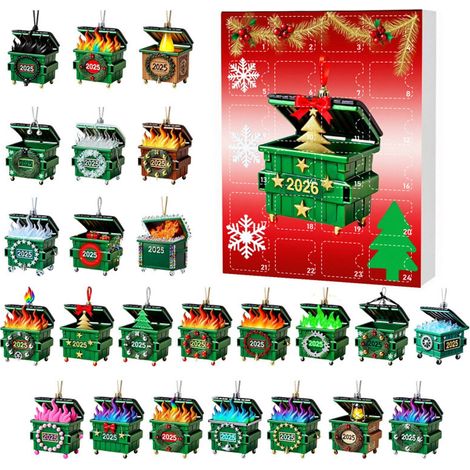 Calendrier de l'Avent 2026 sur le thème des poubelles, 24 décorations suspendues en acrylique 2D avec des motifs ludiques de poubelles enflammées, décorations originales pour le sapin de Noël. (1/4)