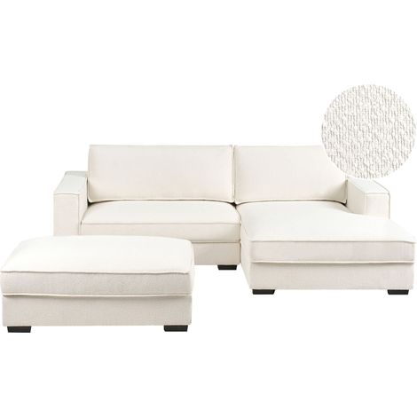 Canapé d'Angle à Gauche avec Pouf Moderne en Bouclé Repose-pieds Ottoman Dossier Rembourré avec Coussins Blanc Cassé Renders