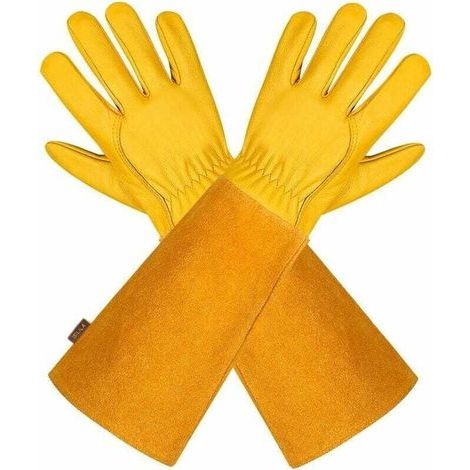 (Jaune M)Gants de Jardinage en Cuir Respirant pour Homme et Femme avec Gant Anti-épine, Manches Longues en Cuir de Vache pour Jardinier et Fermier (1/4)