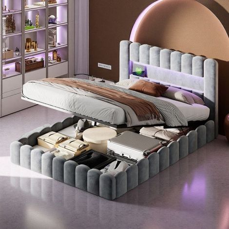 Cama Cofre Doble 180x200 - Almacenamiento de Gran Capacidad - Diseño Árbol - LED & USB - Terciopelo Gris