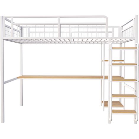 Cama alta de metal 140 x 200 cm con escritorio, estanterías y escalera, blanca (1/5)