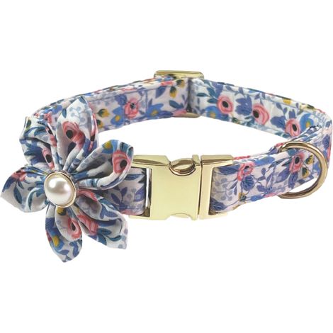 1 collier pour chien, ajustable, en coton, motif floral, nœud papillon, clochette, taille S (26-42 cm), pour chiens petits à grands (1/5)