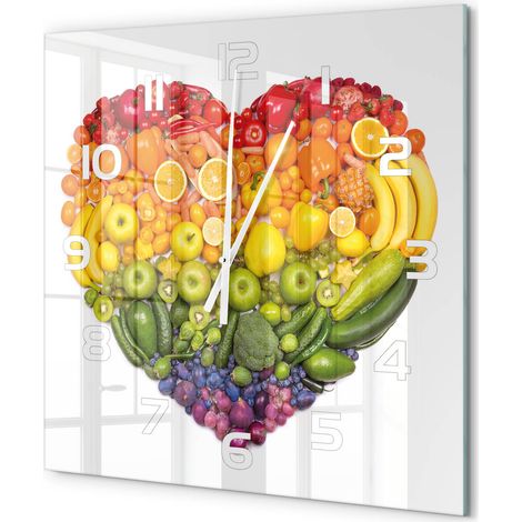 Grande Horloge Murale Carrée Design Original Verre Silencieuse Déco Maison Cœur de légumes 60x60 cm (1/5)