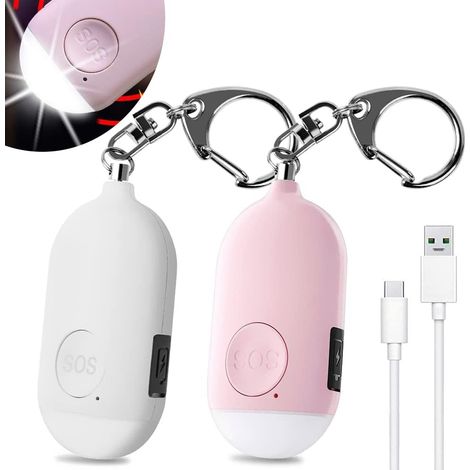 2 Pièces 130 DB Alarme Personnelle d'urgence,Rechargeable Alarme de Sécurité avec LED Lampe de Poche Torche Anti Agression,pour Femme Enfants Personnes Agées Aventurier - Rose (1/5)