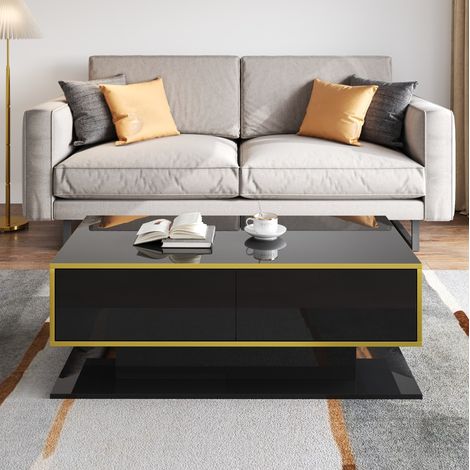 Table basse LED 100x50 cm 3 tiroirs noir et or OKMYHOME (1/5)