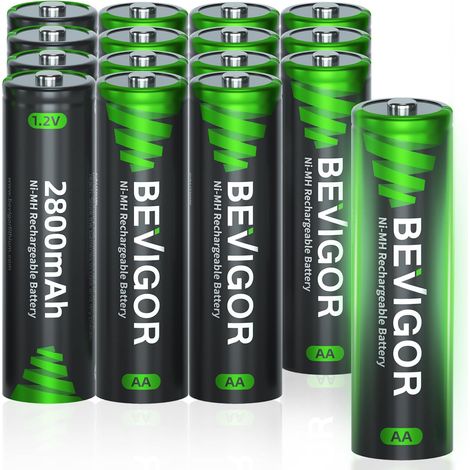 16 Piles Rechargeables AA 2800mAh 1.2V NiMH, Haute Capacité, Préchargées (1/5)