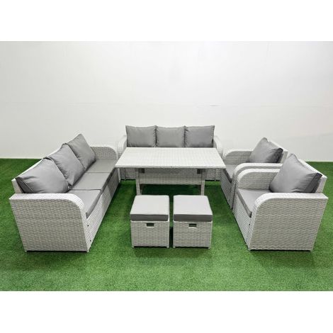 Fimous PE Rattan High Back Lounge Sofa Set Patio Rectangular Dining Table & Chairs Set with 3 Seater Sofa Reclining Chair Stools Light Grey (1/4)