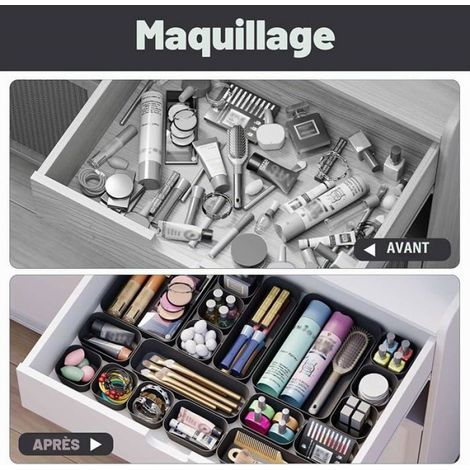 Organisateur Tiroir - 10 Pièces en Plastique Antidérapant - Pour Coiffeuse Cuisine Bureau - 3 Tailles Différentes - Noir (1/5)