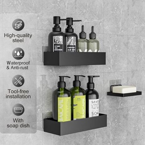 Étagère Douche Sans Percage - 3 Pièces Etagere Douche avec Porte Savon Douche, Porte Shampoing Accessoire Douche Noir (1/4)