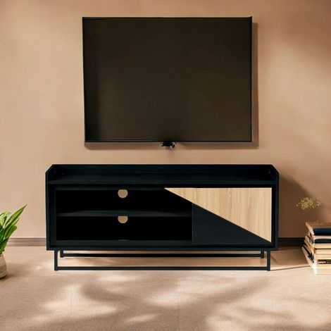 Meuble TV 1 porte bois noir et blanc ANINA (1/4)