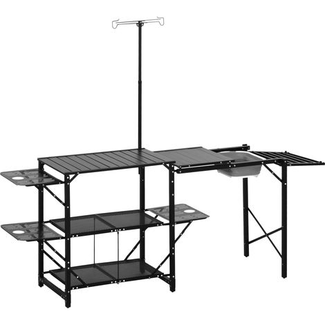 Table de camping pliante avec évier, support de lampe et étagères pour barbecues, pique-niques et voyages 173 x 52 x 80-174 cm (1/5)