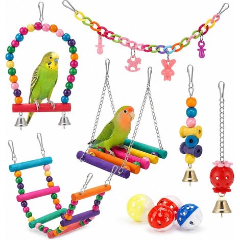 Set of 11 Bird Toys with Swing, Ladder and Hammock Colorful Perches, Bells (1/5)