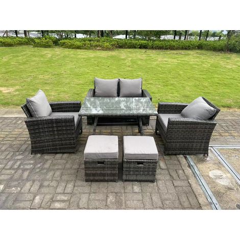 Fimous 6 Seater Outdoor Dark Grey Mixed High Back Rattan Sofa Dining Table Set Garden Furniture 2 Stools (1/5)