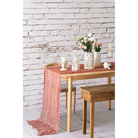Chemin de table semi-transparent Gaze 90x400cm Vieux Rose Bohème Rustique