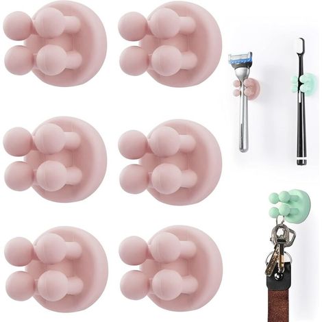 Lot de 6 Supports de Brosse à Dents en Silicone Multifonction pour Rasoir - Étanche - Auto-adhésif Mural - pour Mur ou Verre - pour Suspendre Salle de Bain, Cuisine, Salon, Bureau (Rose)