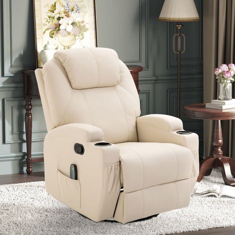 Poltrona Relax reclinabile e a dondolo, Massaggio a vibrazione 8 punti, Telecomando, Tasche laterali, Similpelle, Bianco crema (1/5)