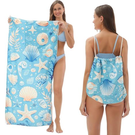 Serviette de plage pliable 2 en 1 avec sac de rangement intégré - Serviette de piscine portable - Étoile de mer bleue (1/5)