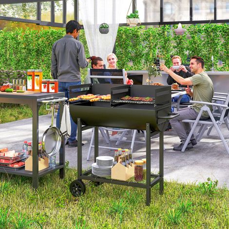 Barbecue in Acciaio con 2 Griglie Indipendenti, 2 Ruote e Ripiano Inferiore Nero 90cm x 45cm x 96cm
Barbecue en acier avec 2 grilles indépendantes, 2 roues et étagère inférieure noir 90 cm x 45 cm