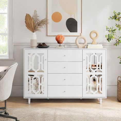 Weiße Sideboard-Kommode in Spiegeloptik, 147,5 x 40 x 102 cm, 2 Türen und 4 Schubladen HAVRYA (1/5)
