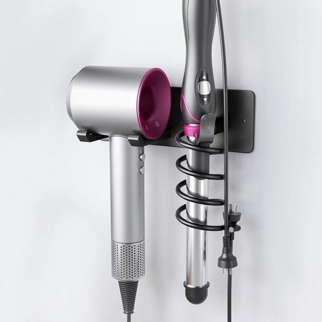 Multifunktionale Wandhalterung, geeignet für Dyson Airwrap und Lockenstäbe – Doppellagig, Schwarz, mit Steckerhalter und Montagematerial