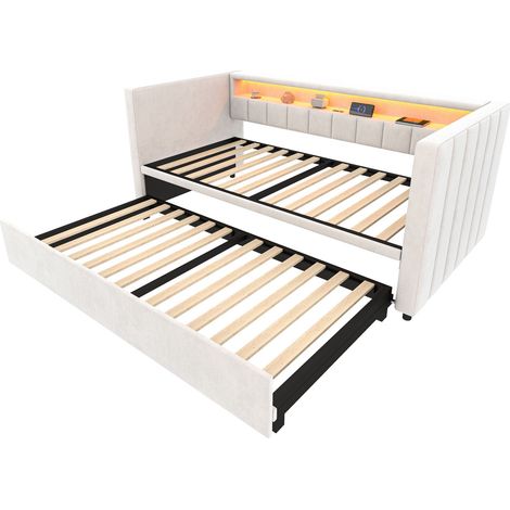 GagaCanapé-lit 90x190 cm, USB-C, LED, velours, rangement, beige (1/5)