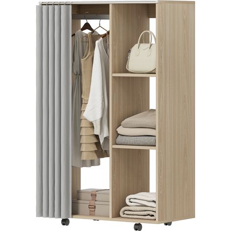 Armoire penderie vêtement dressing mobile 4 roulettes tringle à vêtements et étagères 80x40x128cm, effet bois naturel